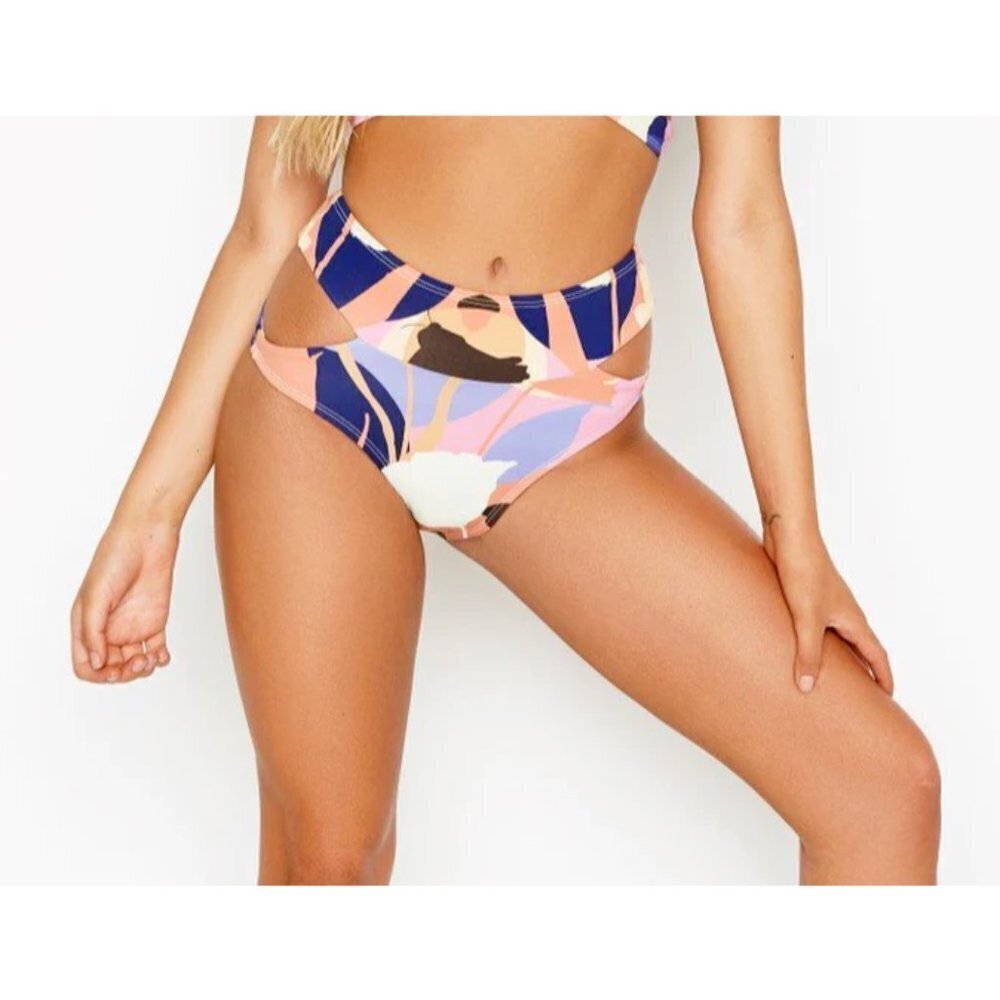RIS-K Womens Small Printed Cutout‎ Rove High Waisted Bikini Bottoms Pink 1498